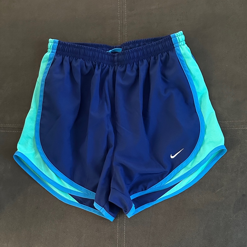 Nike Women's Navy and Aqua Dri-Fit Tempo Shorts